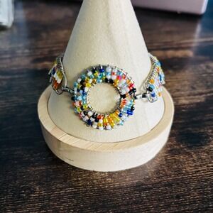 Handmade Multi Color Seed Bead Wire Wrapped Toggle Bracelet Boho Geometric